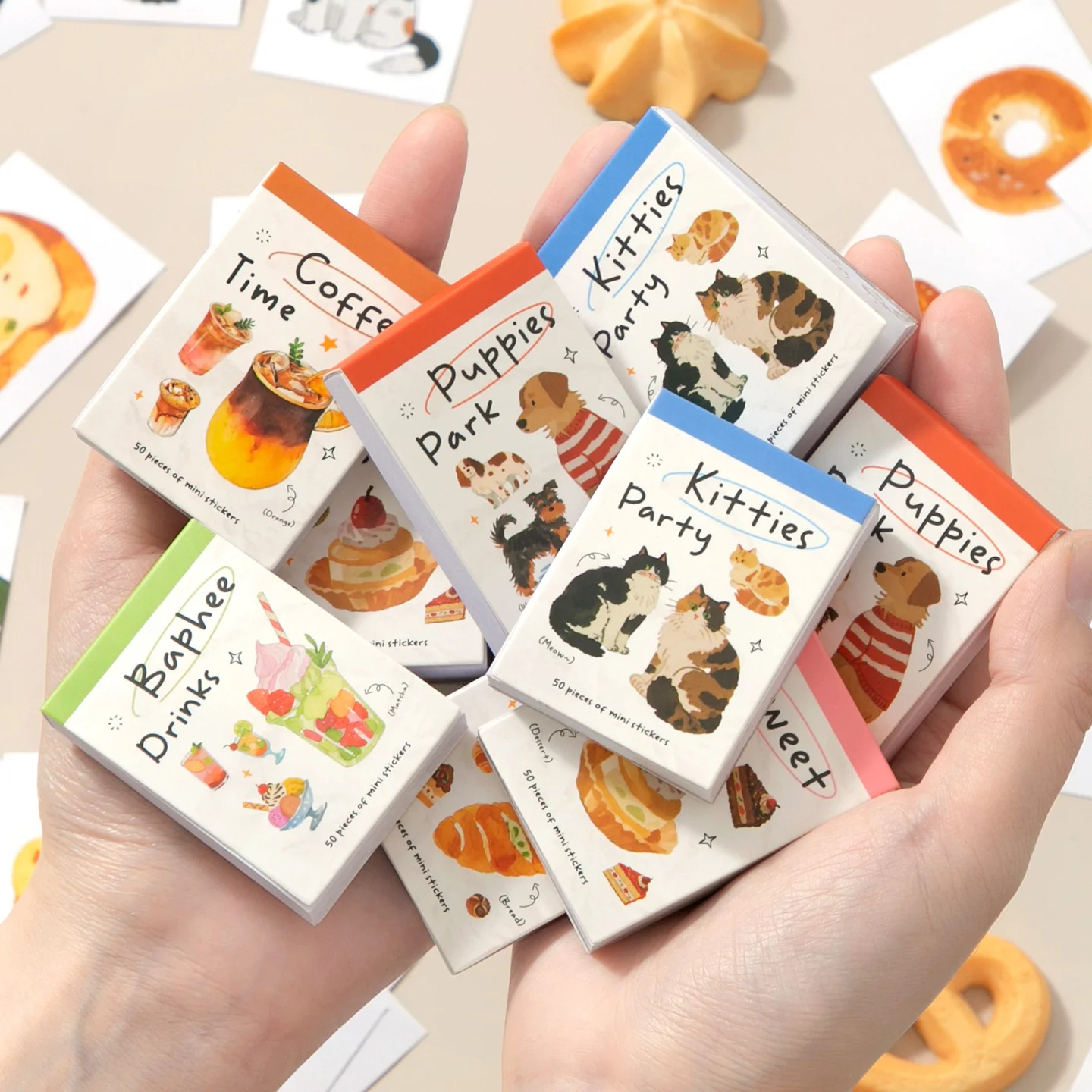6 Books with 300 Sheets - Mini Bean Sticker Set, Pet Food Theme, Convenient to Carry Around