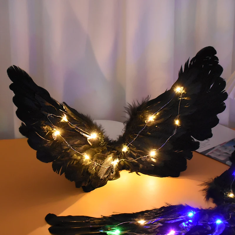 

LED Angel Feather Wings Glowing Black Demon Wings Kid's Cosplay Props Wings Party DIY Supplies Performance Show Decor Accessorie