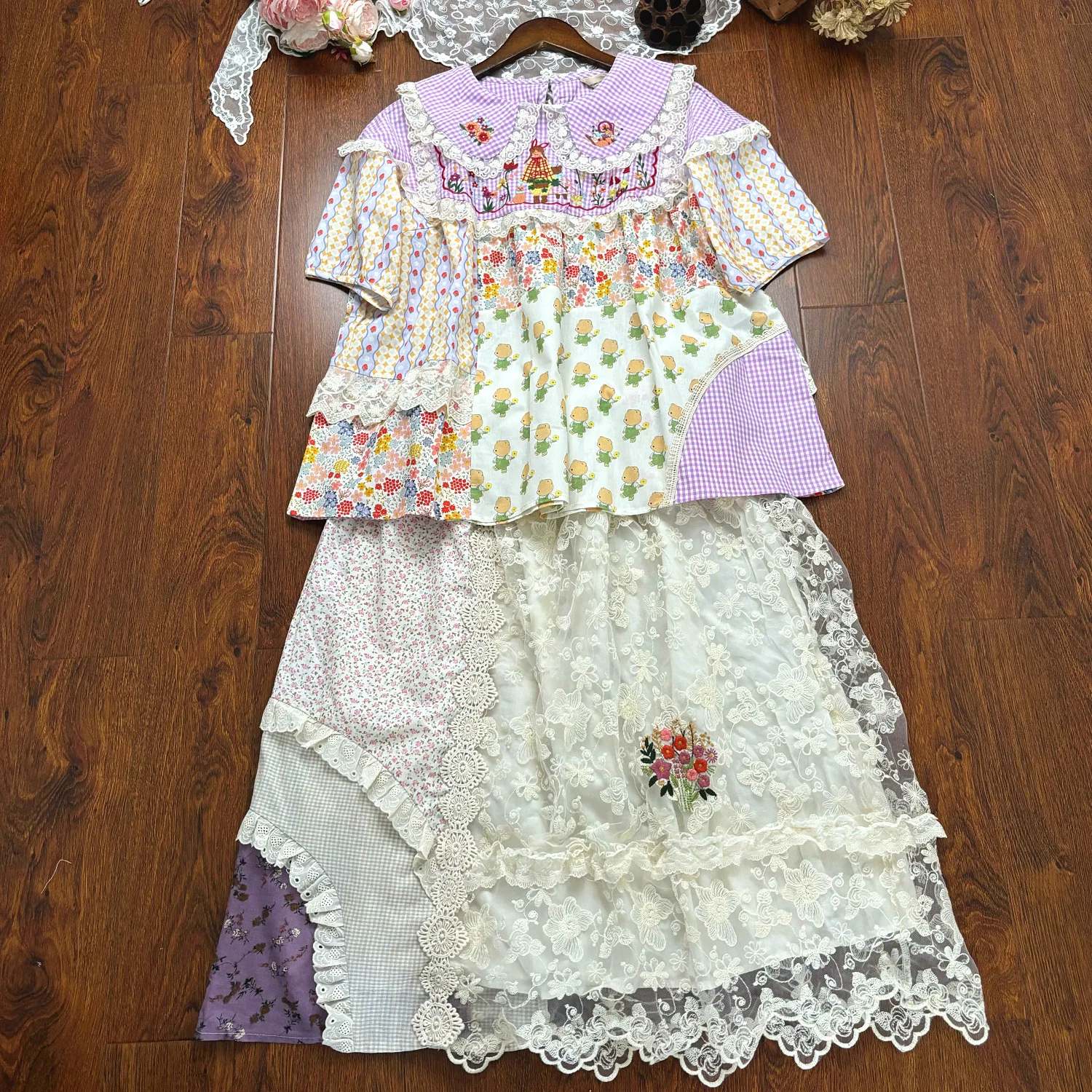 

Mori Girl Japanese Style Machine Embroidery Stitching Lace Collar Floral Shirt Top Elastic Waist Skirt Summer
