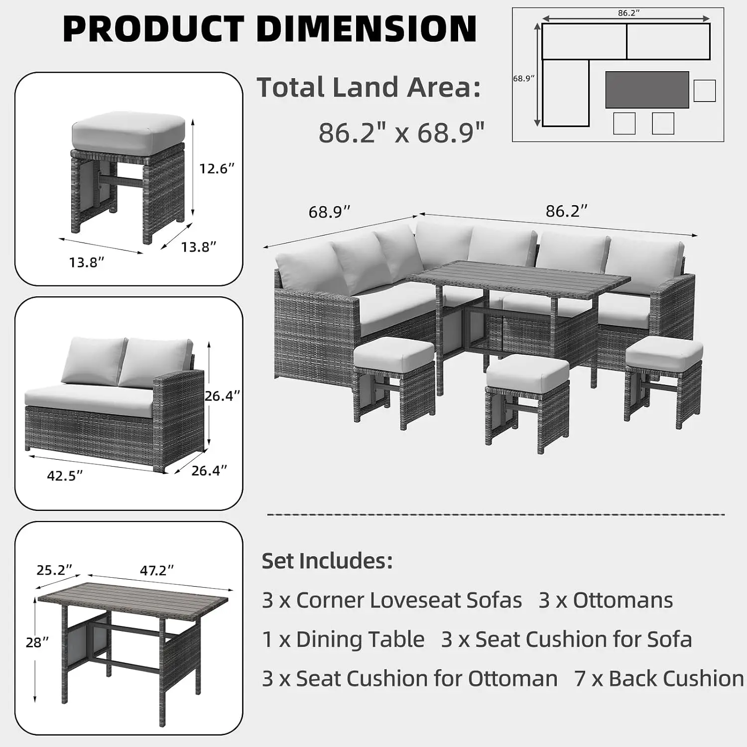 7-Piece Outdoor Wicker Patio Sectional Sofa Dining Set with Ottoman All Weather Rattan Light Grey Cushions, Customized