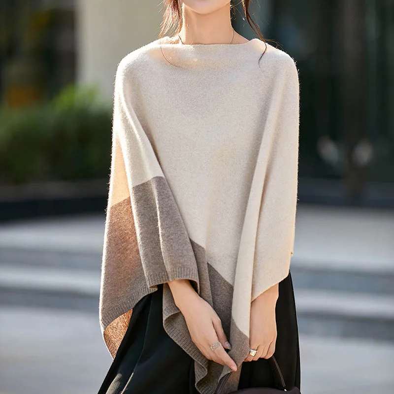 Women 100% Merino Wool Cloak Pullover Shawl Grace Simple Style Office Lady Mid Long Contrasting Cloak Autumn Winter Cashmere Top