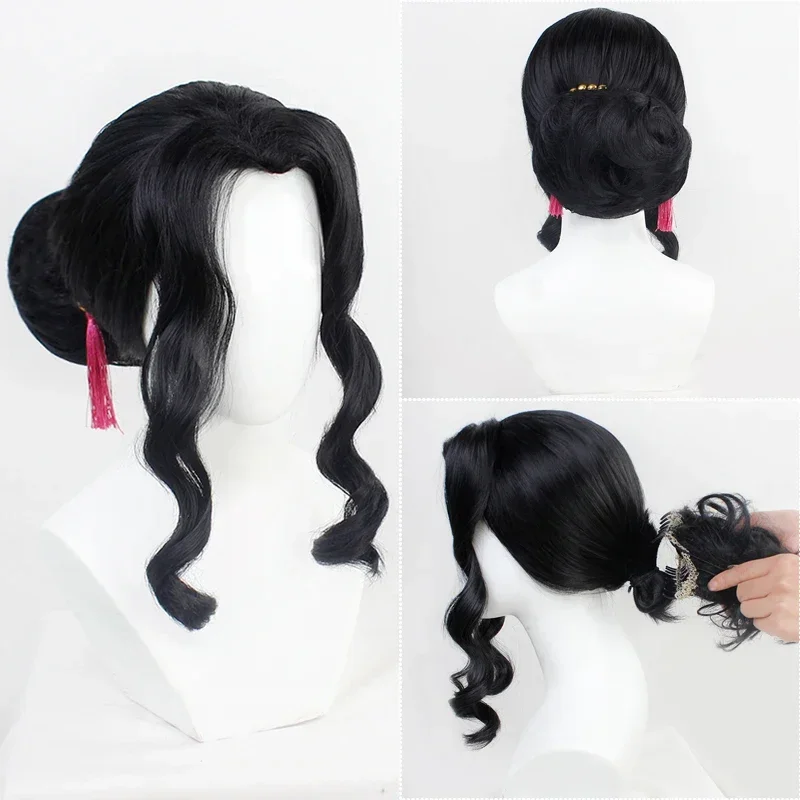 

Kimetsu No Yaiba Kibutsuji Muzan Cosplay Wig Headwear Black Women Curly Heat Resistant Synthetic Hair Wigs for Halloween Costume