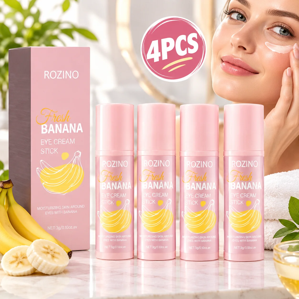 4PCS Banana Eye Cream Stick, Moisturizing Under Eye Care Balm, Portable Eye Cream Stick for Women, Lightweight Hydrating Eye Area Skincare, Smooth Glide Formula, Daily Beauty Care for Home, Office, Travel