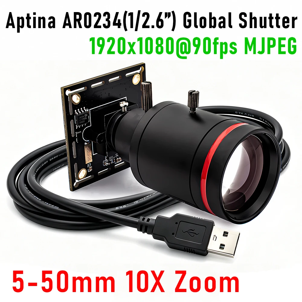 1080P 90FPS Global Shutter USB Camera 10X Zoom M12 Lens Plug Play Industrial Web Camera for Security Monitoring & Machine Vision