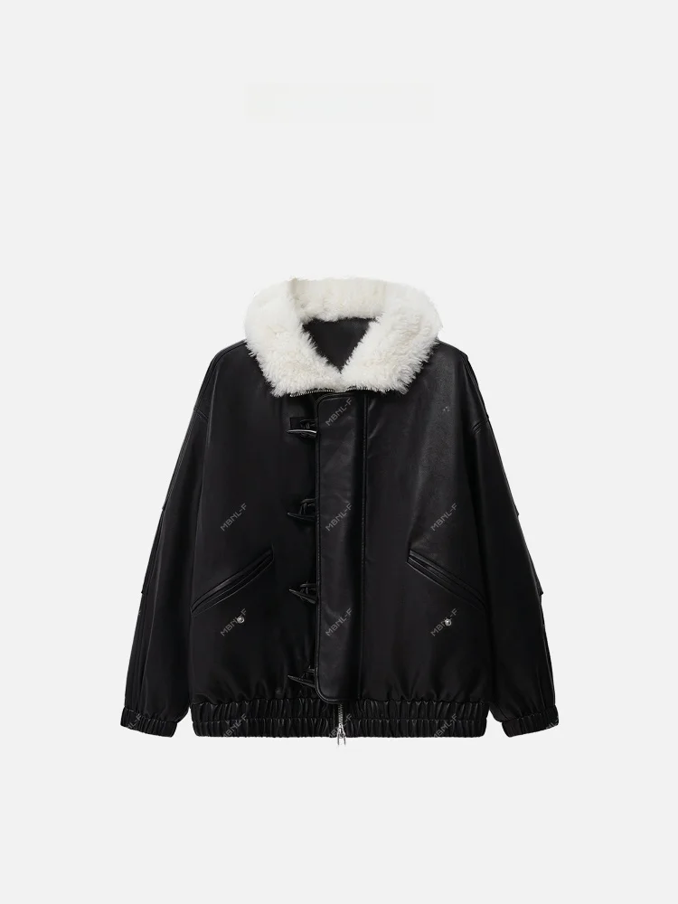 MBNLF 2025FW 新デザイン ハット付き グースダウン レザー ジャケット スタンダードフィット 長袖 レギュラー丈 秋ファッション レディースコート