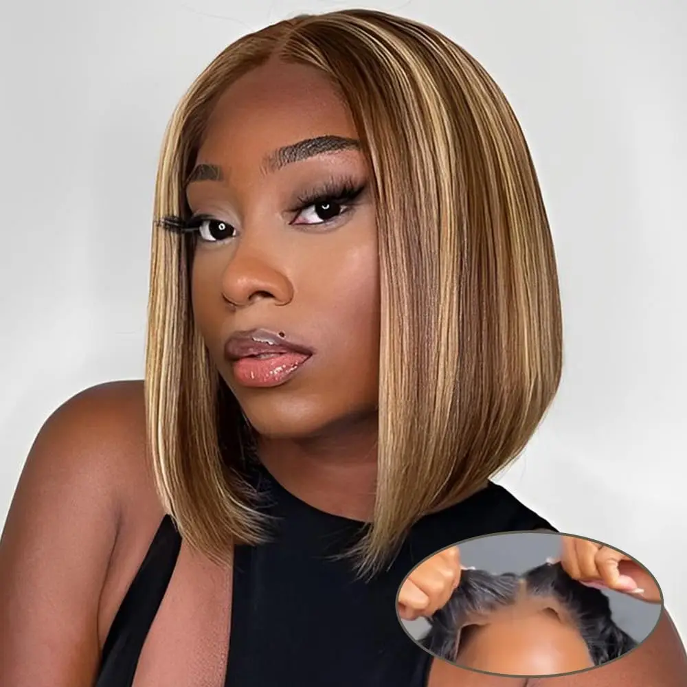 

6x4 Pre Cut Lace Straight Bob Wigs For Women 100% Human Hair Wigs Natural Hair Line Highlight Glueless Hair Wigs For Women