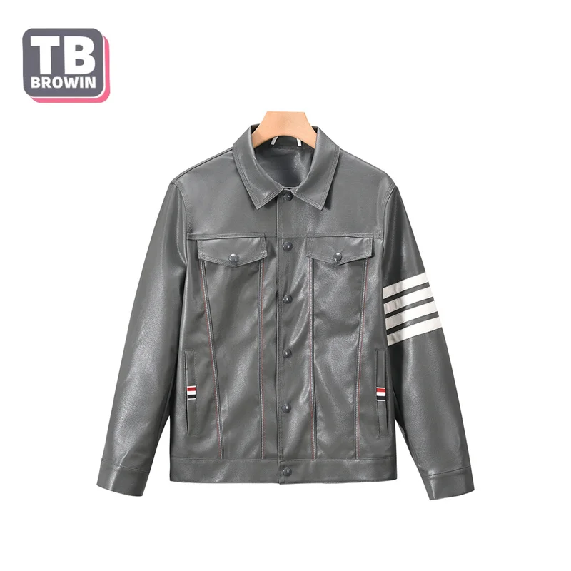 TB Flagship-Store brand Men's pu jacket coat korean casual lapel pocket slim couple leather Four bars classic striped