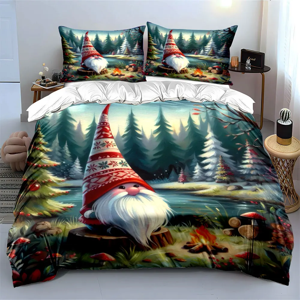 A cozy gnome by the campfire in a winter forest Print Duvet Cover Bedding Set Included 1*Duvet Cover 2*Pillowcases