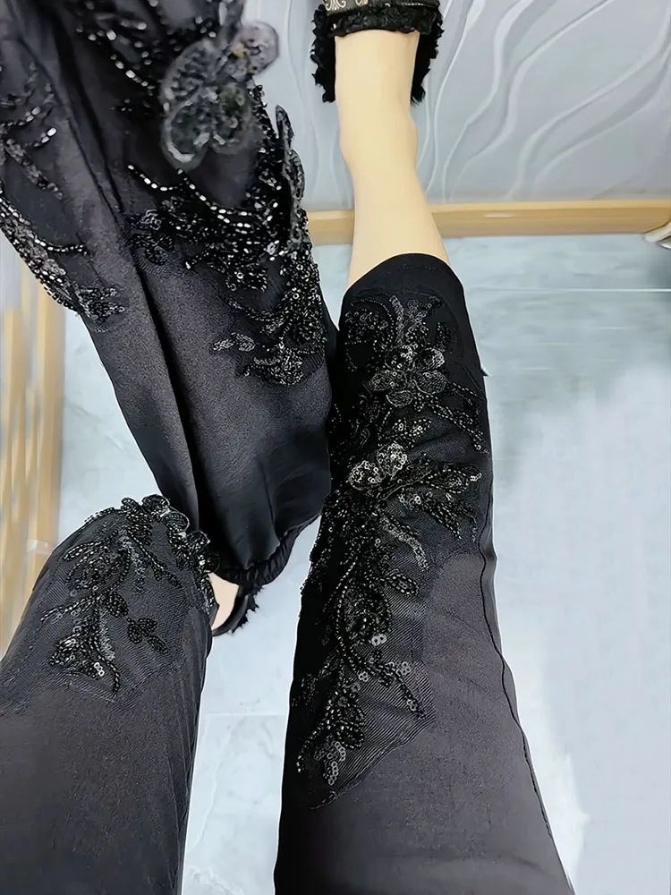 European Heavy Industry sequin bead design fashioneight point cigarette tube pants women's elastic high waist slim casual pants