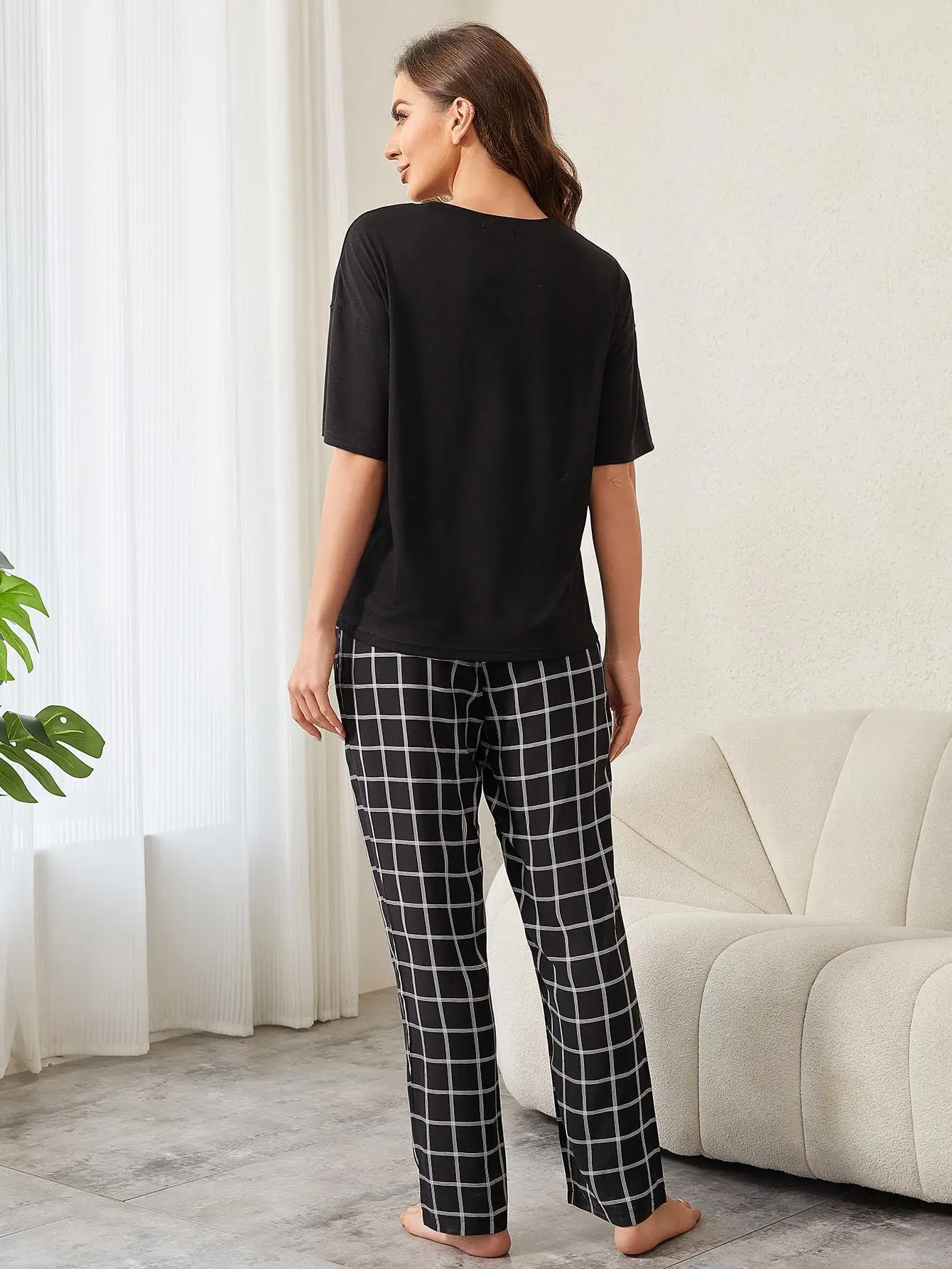 Women's Sleepwear Set, Casual Checkered Short Sleeved Pants Set, Cotton Summer Sleepwear, Women's Home Clothes