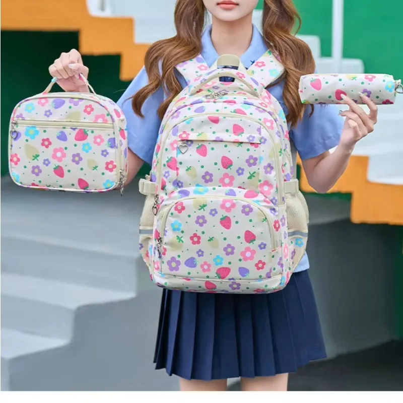 Strawberry Flower Print Oxford Backpack Large Capacity Dual Shoulder Bag for Middle School Students Wear Resistant Fresh Sweet