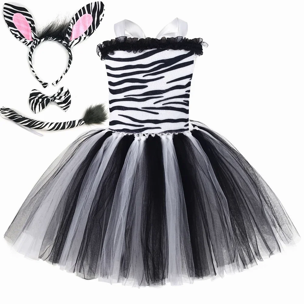 Zebra Costume for Kids Halloween Animal Dress Up Clothes Outfit Black White Striped Tutu Dress Girls Fancy Birthday Party Dress
