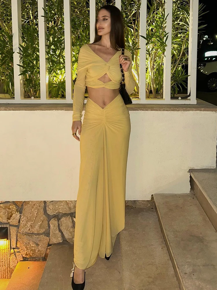 

Elegant Yellow Twist Front Cutout Long Dress – Women's Long Sleeve Cocktail Night Romantic Dates Party Evening Gown