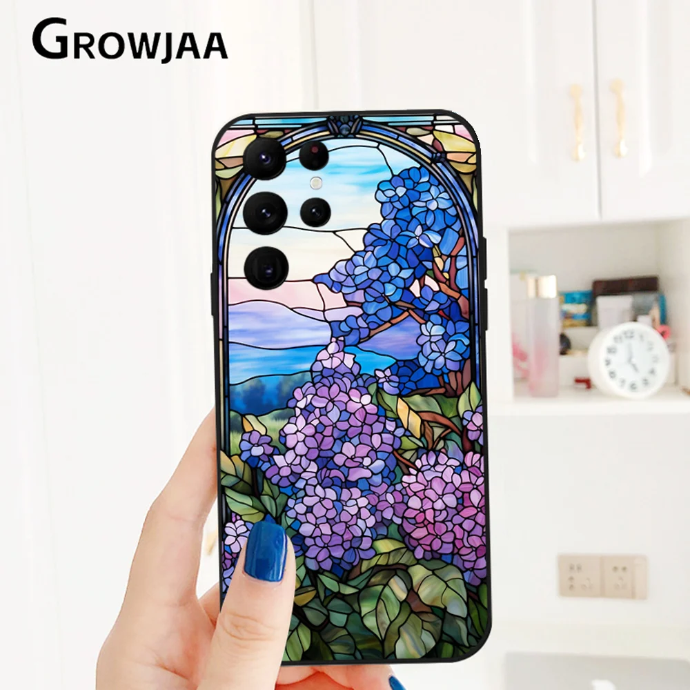 Stained Glass Purple Flowers Phone Case for Samsung Galaxy S24 Ultra S22 S23 Ultra S21 S20 5G Protective Silicone TPU Funda image 5