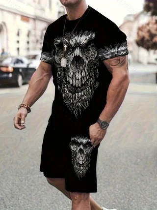 2024 New men\'s short sleeved shirt and shorts set,2-piece set of men\'s street clothing, 3D skull print set,US sizes cloths S-2XL