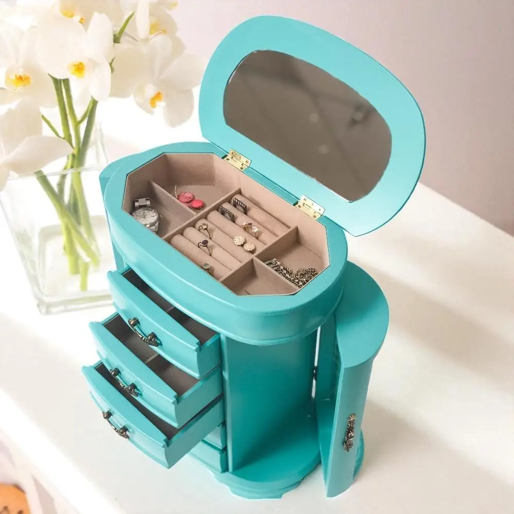 Turquoise Glass Jewelry Organizer Box with Mirror, Drawers & Necklace Hooks for Storage