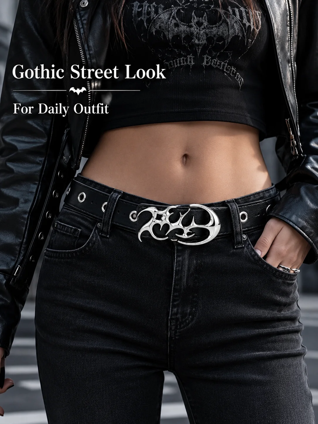 Punk Bat Buckle Belt Faux Leather Gothic Streetwear Waistband, Metal Eyelet Studded Belt for Women Men Party Festival Jeans view 2