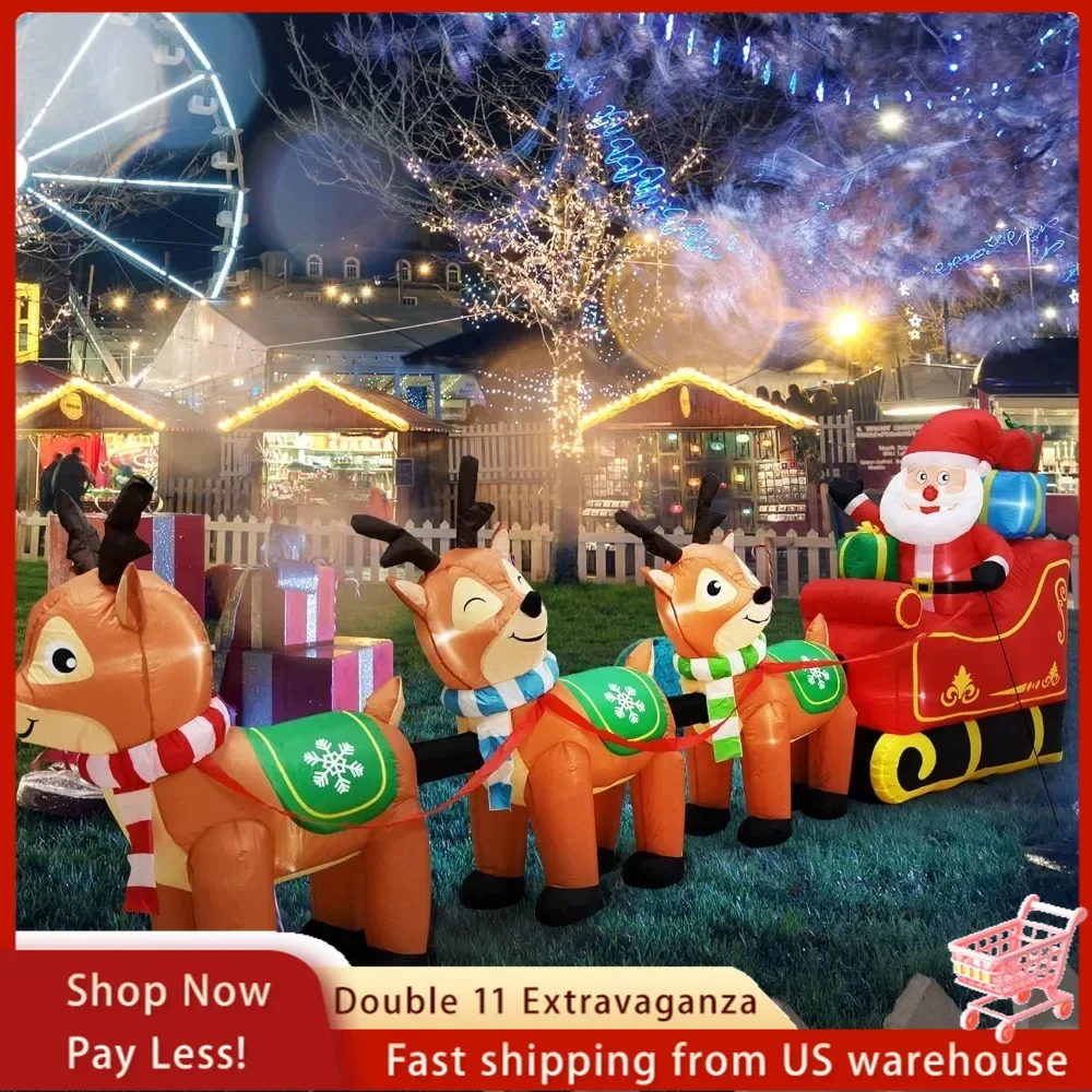 12 Ft Christmas Inflatables Outdoor Decorations Giant Blow Up Yard Santa Claus on Sleigh and 3 Reindeer, with Built-in LED