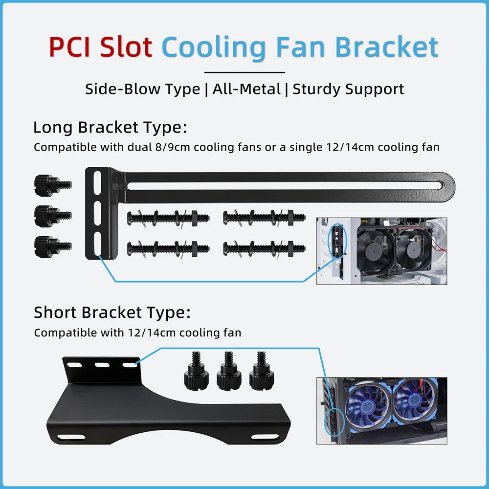 PCI Slot Fan Bracket, All-Metal GPU Cooling Fan Mount Rack for Dual 80/90mm or 120/140mm Fan, Side-Blown PC Fan Holder