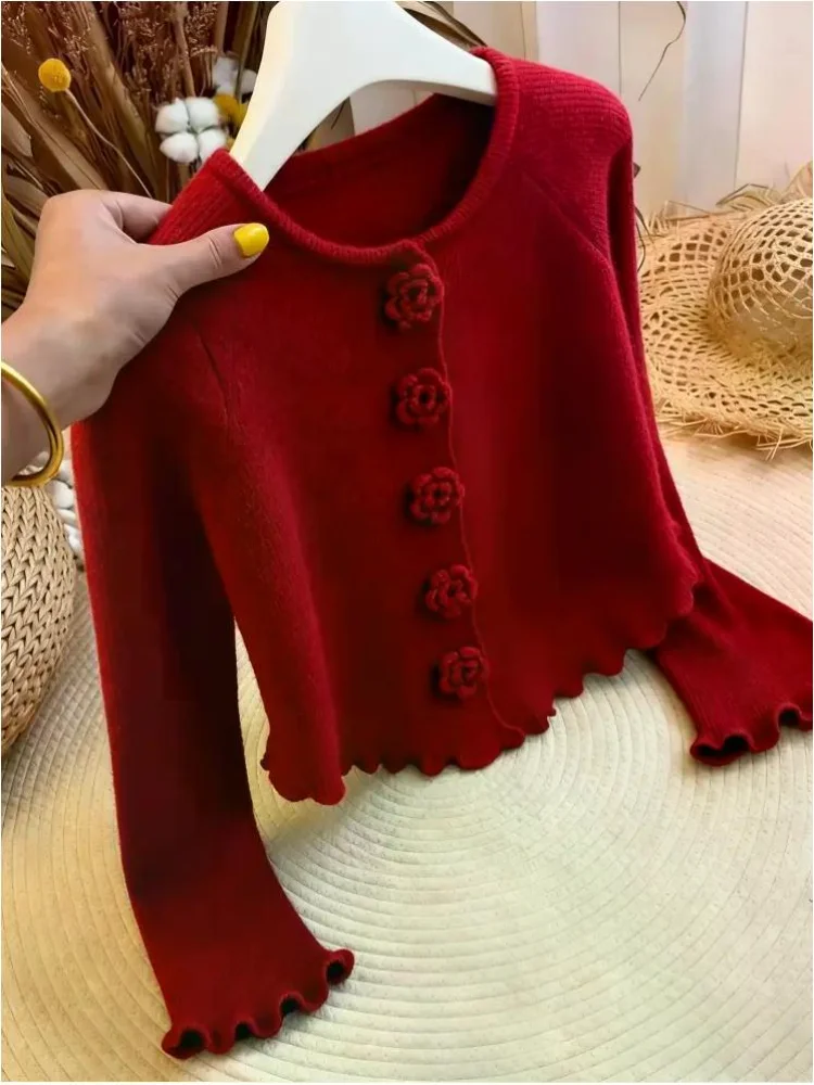 

Sweet Knitted Sweater Women's Autumn Winter plus Size Slimming Design Red Sweater 3D Flower Pattern New Year's Aosphere