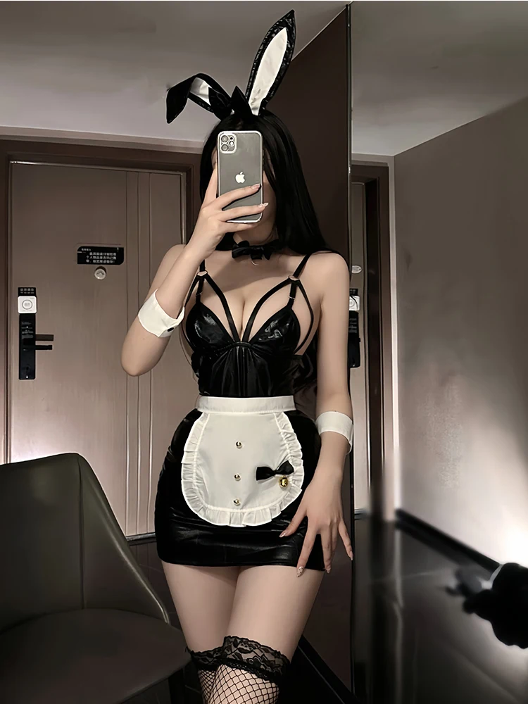 Uniforme de lencería porno Sexy para chica conejito, traje sexual de charol, pijama, traje de sirvienta, traje seductor, juego de rol, pecho exportado