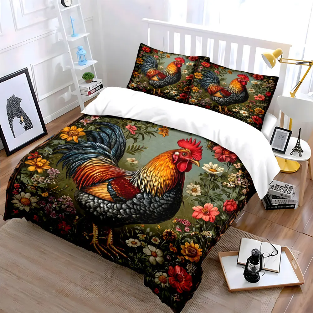 Vibrant rooster with colorful flowers Bedding Set for Kids Luxury Gift 3pcs Digital Print Comforter Set Soft Comfortable