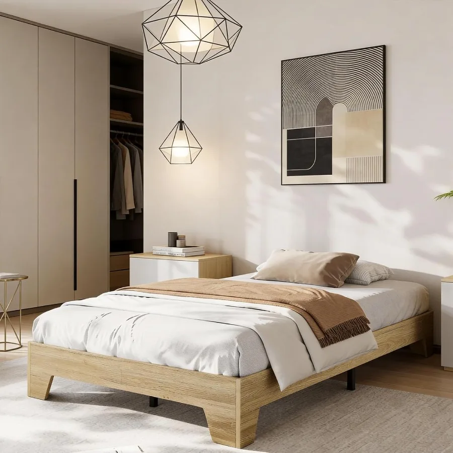 Bedroom Wood Size Platform Bed Frame in Natural Wood Color with Noise-Free Slats and Metal Support Structure, No Box Spring Nee