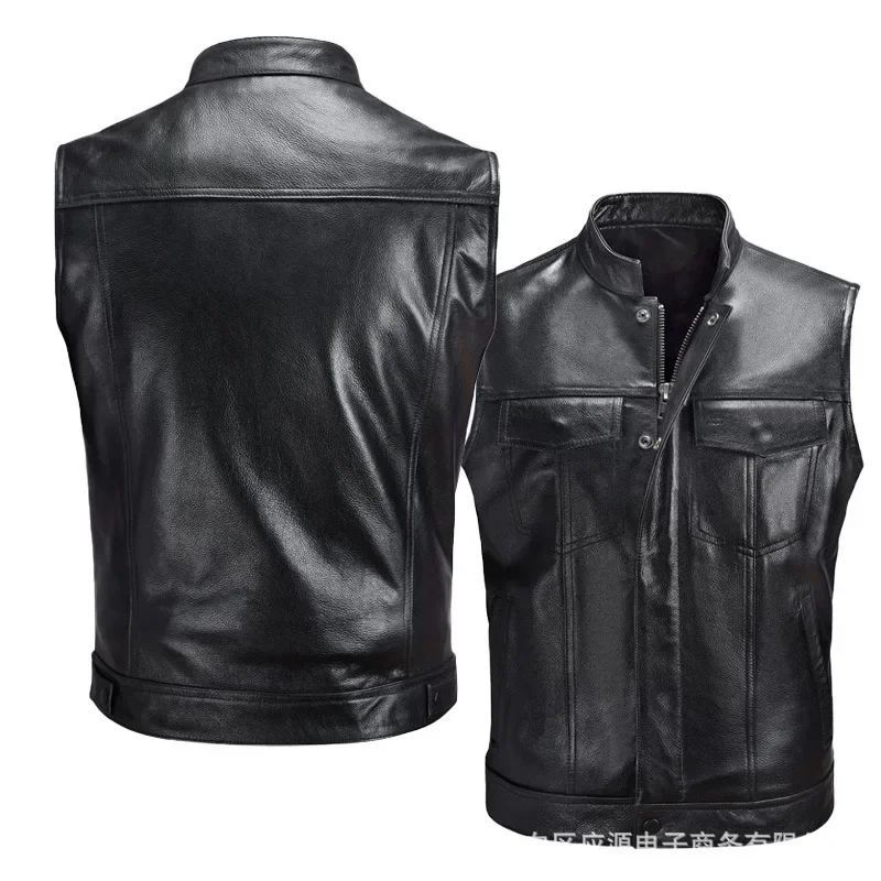 Men's Pu Leather Jacket Vest Motorcycle Motorcycle Zipper Casual Leather Vest Skull Letter Embroidered Leather Vest