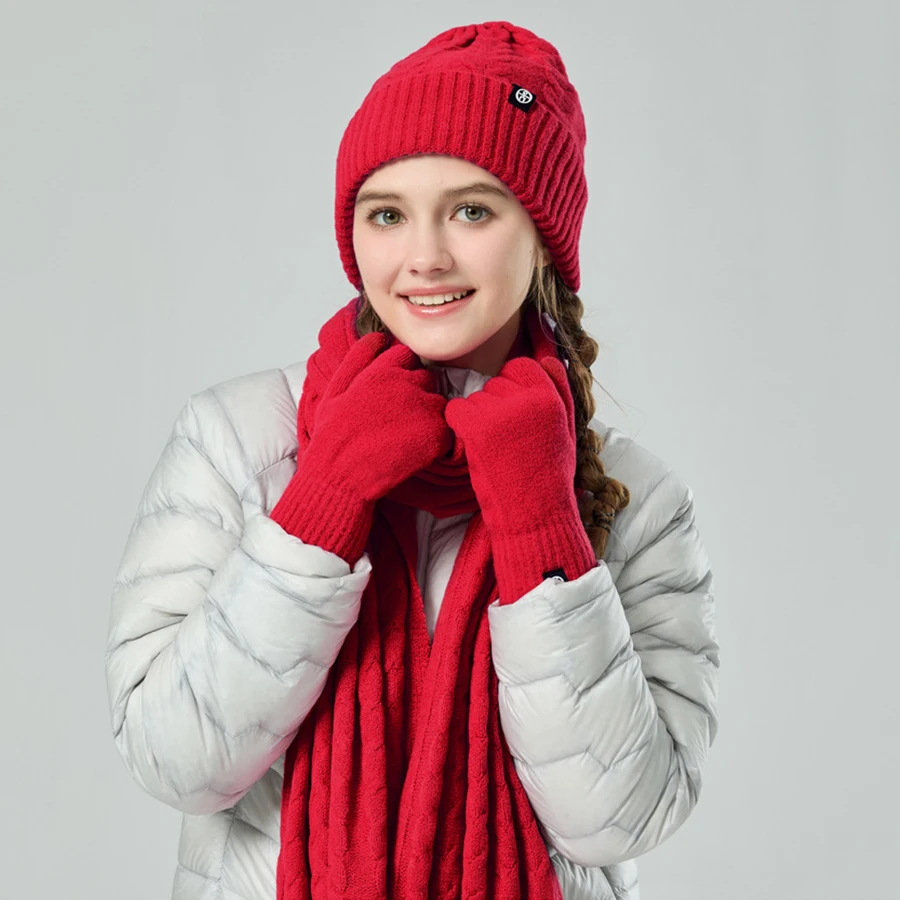 Зимняя шапка-бини, перчатки, комплект длинных шарфов, утолщенные вязаные шапочки, шарфы, комплект для женщин, желтый, красный, бежевый, оранжевый, Fushia