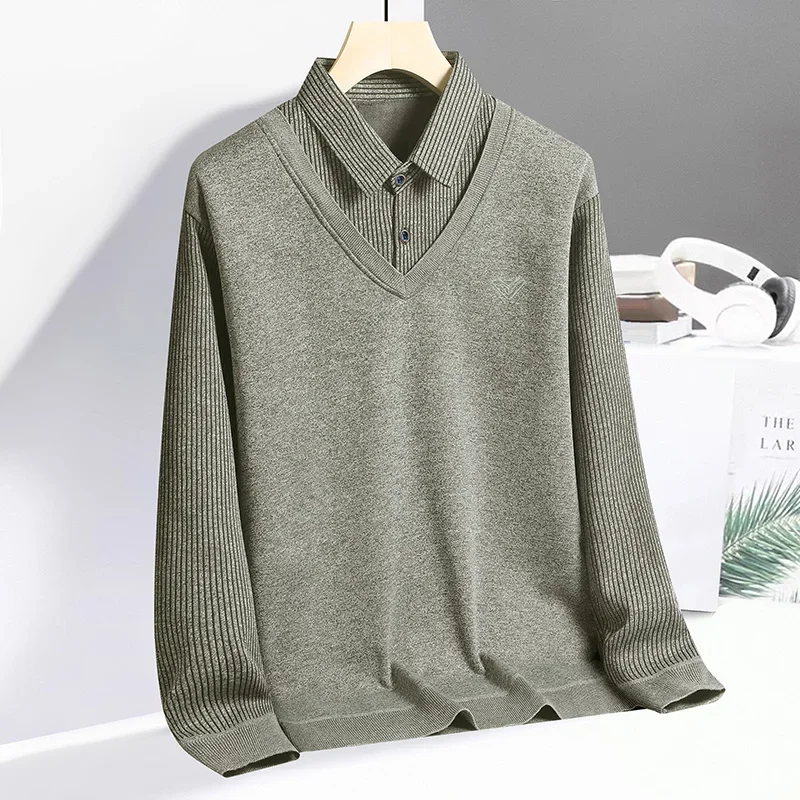 Men Faux Two Piece Knit Top Turn Down Collar Stripe Splicing Pattern Minimalist Embroidery All Match Daily Pullover