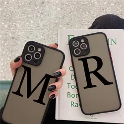 Camera Protection Initial Letter Black Phone Case For iPhone 16 15 14 11 12 13 Mini Pro Max X XS XR 7 8 Plus Matte Hard PC Cover