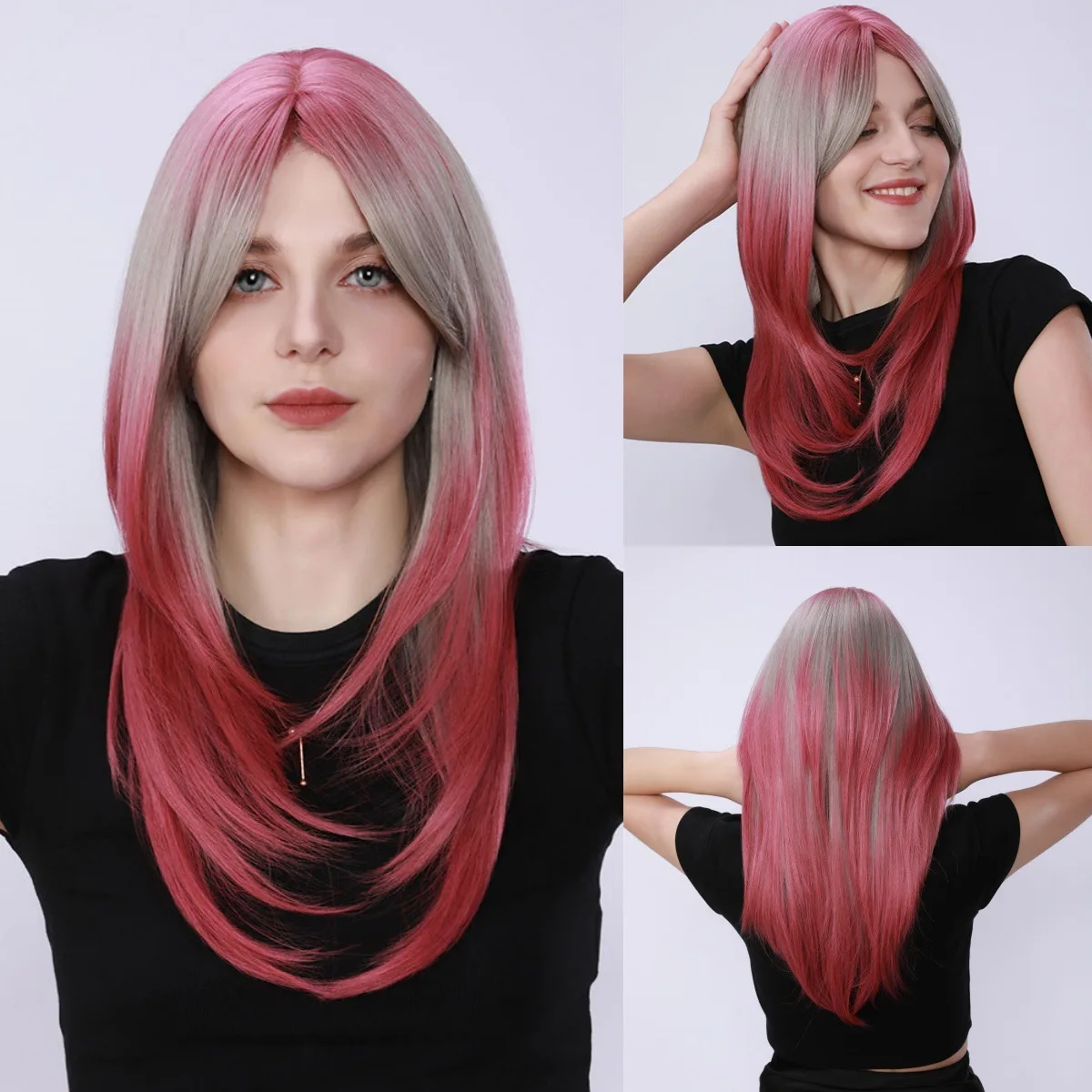 

European and American wig women, high temperature silk chemical fiber hair women's headgear, medium long straight hair rose red