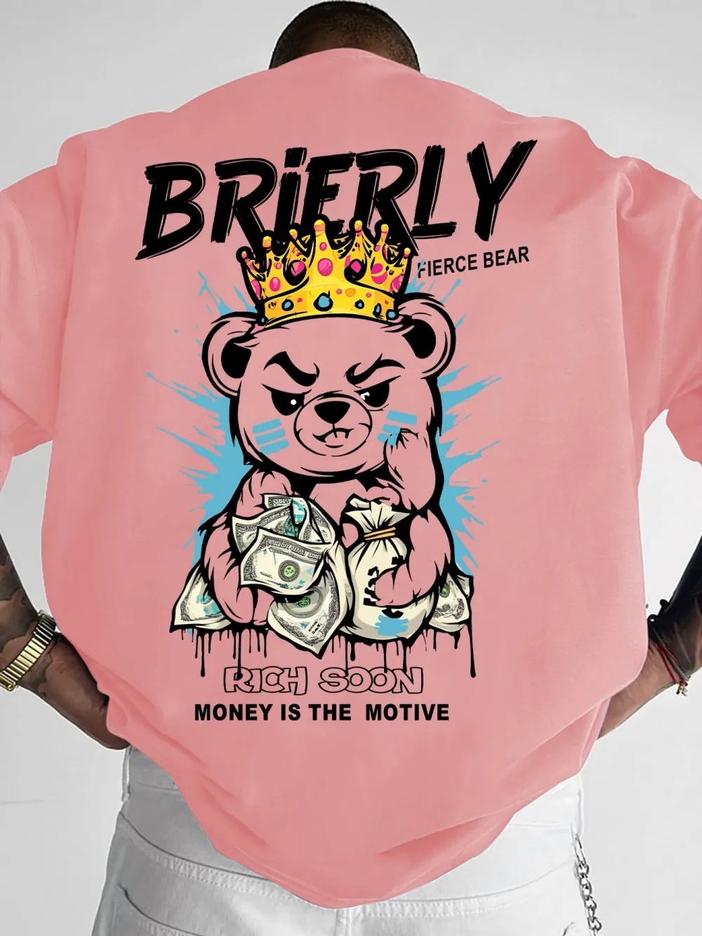 تي شيرت رجالي صيفي أمريكي الثروة تيدي بير مطبوع عليه حروف مريحة قابلة للتنفس برقبة دائرية في الهواء الطلق #4