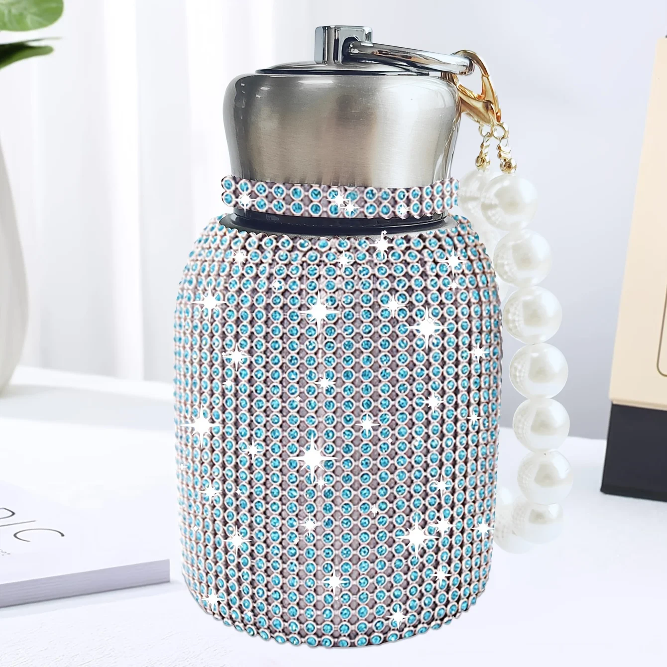 1Pc Summer Gift For Girls/Best Friends Shiny 300ml Fashionable Pot Belly Inlaid With Zircon Insulated Cup With Chain/Pearls