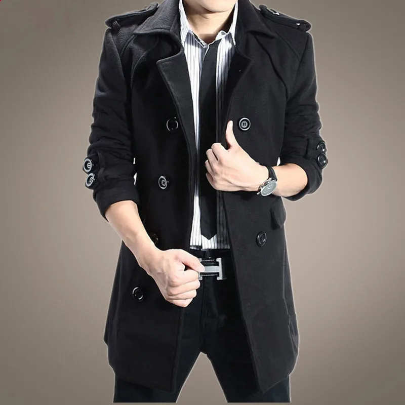 Autumn and winter men\'s long trench coat slim wool coat male green thickening