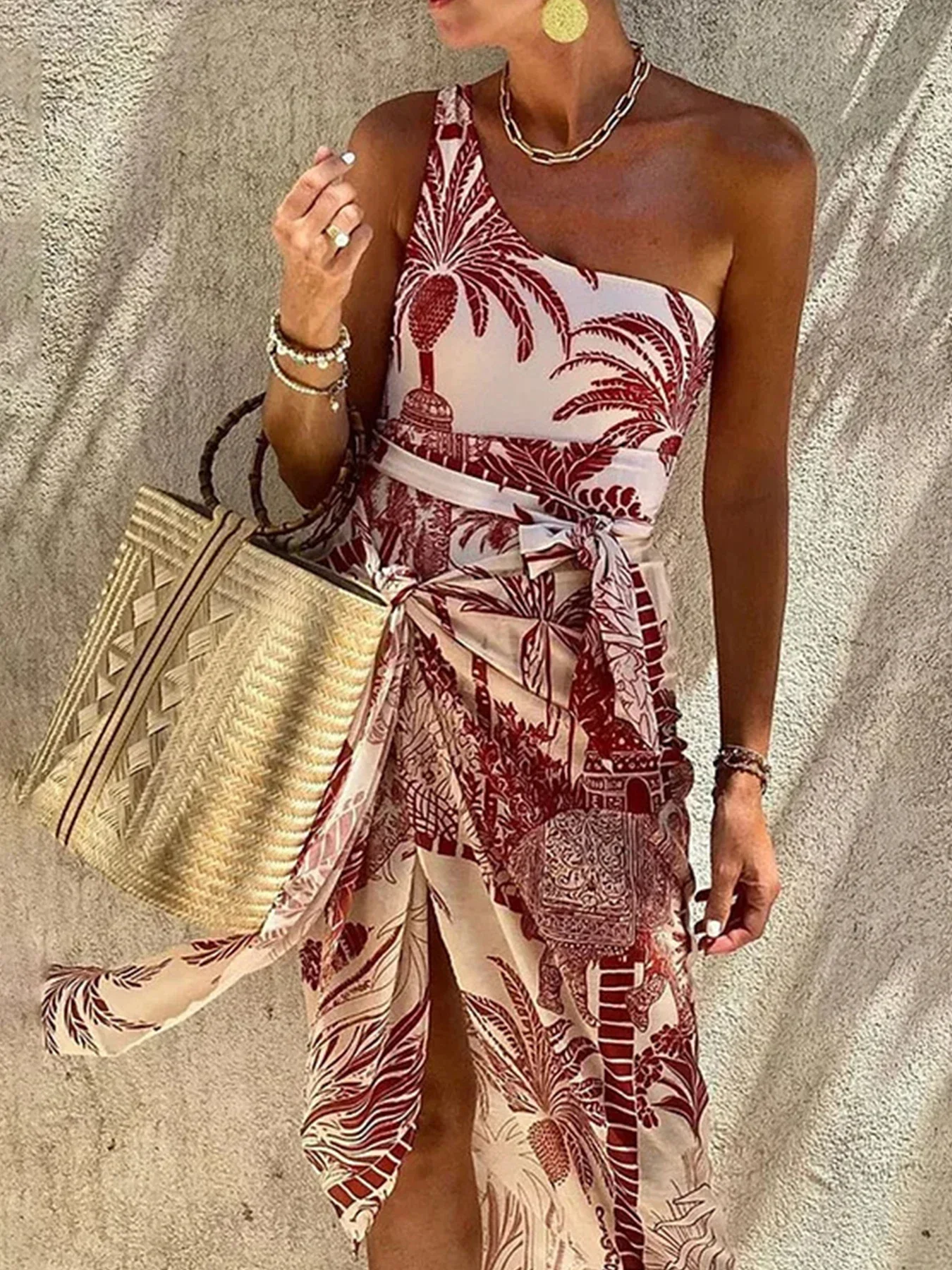 

2024 New Coconut Tree Print One Piece Swimsuit For Women One Shoulder Swimwear Ladies Beach Sarong Strappy Bathing Suit Bathers