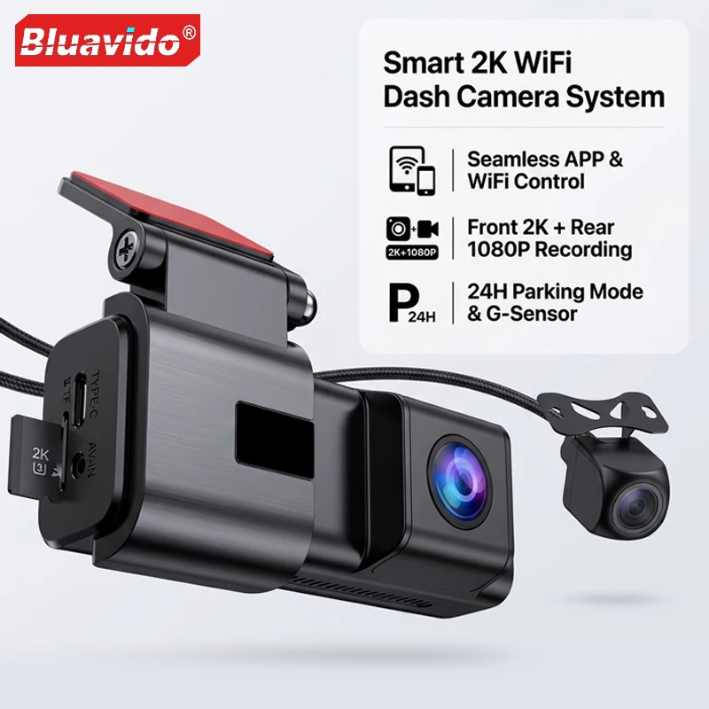 

2K WiFi видеорегистратор с двумя камерами (передняя и задняя), беспроводной автомобильный видеорегистратор с управлением через приложение, круглосуточный мониторинг парковки, ночное видение, G-сенсор