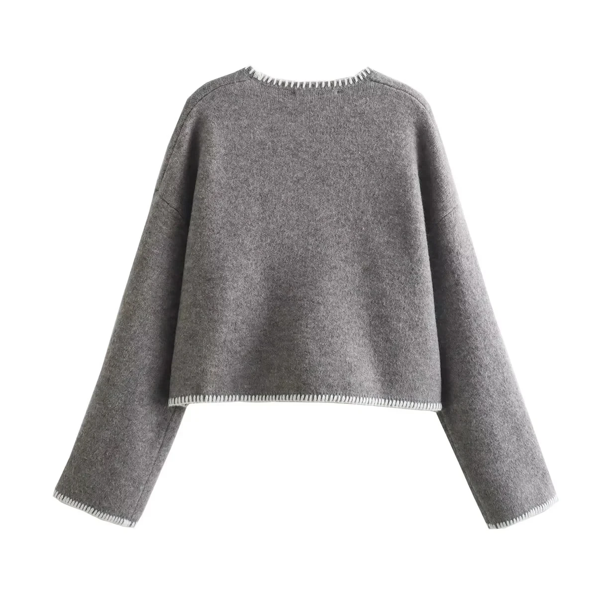 TRAF 2024 Grey Cropped Sweaters For Women Autumn Winter Pockets Oversize Sweater Woman Jumper Long Sleeve V-Neck Pullovers