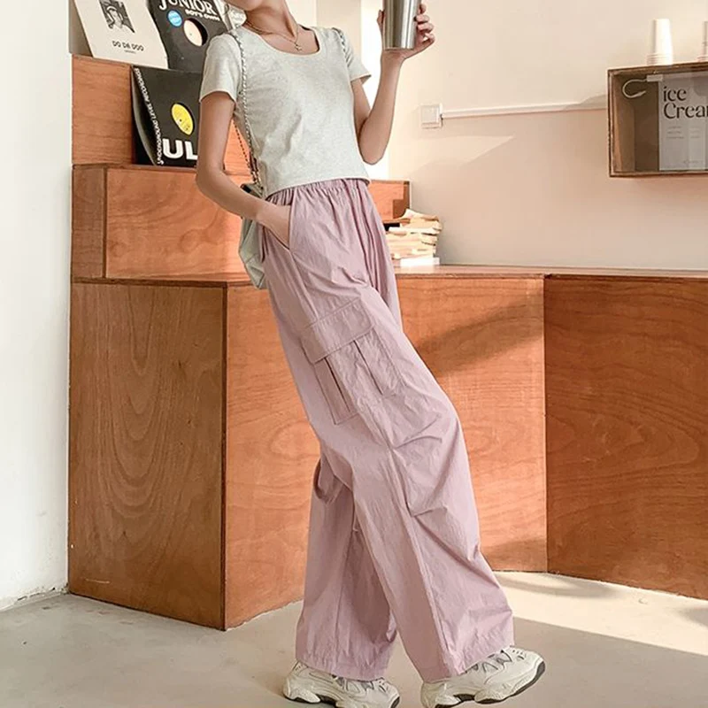 Lady Chic Pink High Waist Cargo Pants Girls Korean Fashion Daily Pants Women Loose Fit Quick Drying Trousers