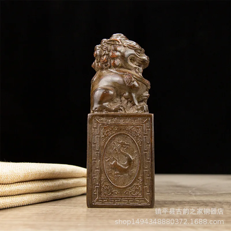 Brass Antique Style Square Mythical Beast Lion Seal Solid Stamp Ornament Office Shop Living Room Desktop Decoration