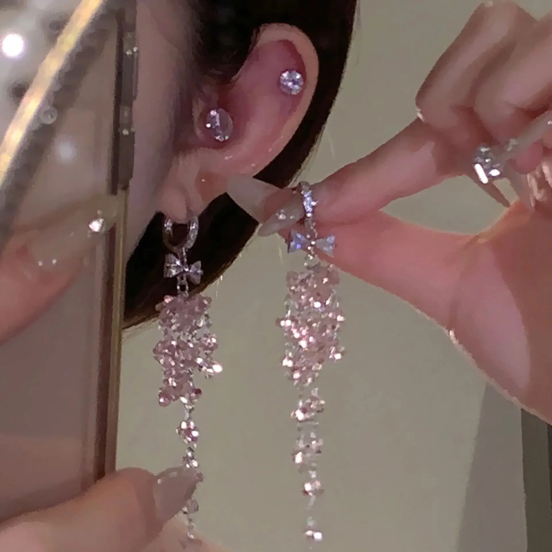 Pendientes Largos Románticos de Cristal Rosa con Borlas para Mujer, Exquisitos Pendientes de Aro con Lazo de Circonita, Joyería para Novia, Regalos para Fiesta de Bodas