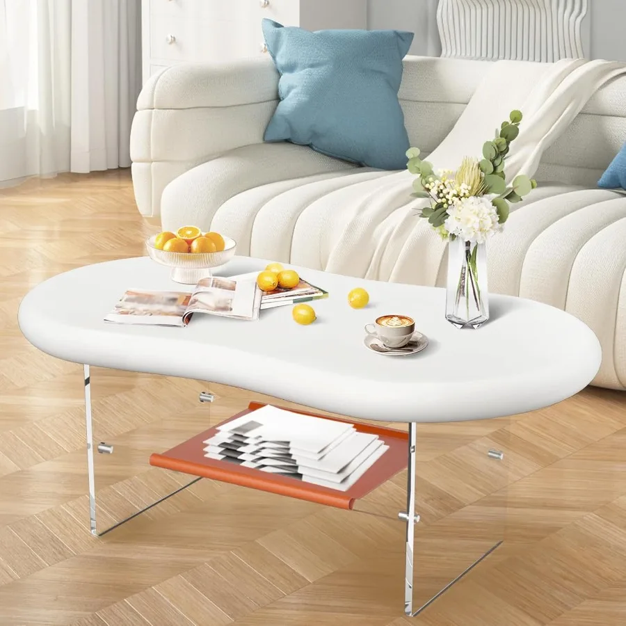 Cloud Coffee Table Modern Coffee Table for Living Room Irregular Cream White Side Table White Cute End Table with Acrylic Legs