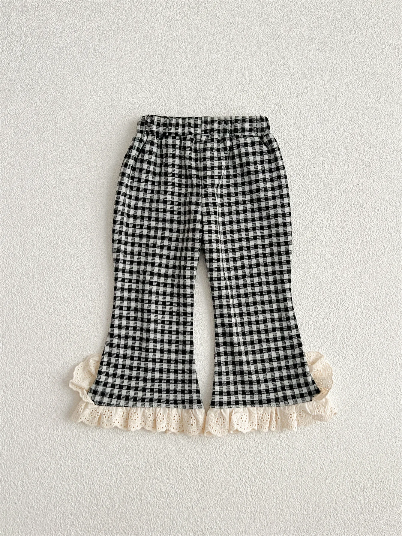 2025 Autumn New Baby Loose Trousers Cotton Girls Cute Plaid Lace Flared Pants Infant Toddler Versatile Casual Pants Kids Clothes