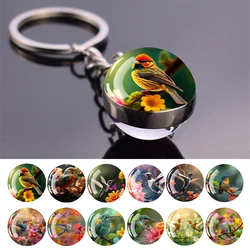 New Hummingbird Keychain Sparrow Bird and Flower Two-Sided Glass Ball Pendant Cute Key Chain Animal Keyring Fashion Jewelry Gift