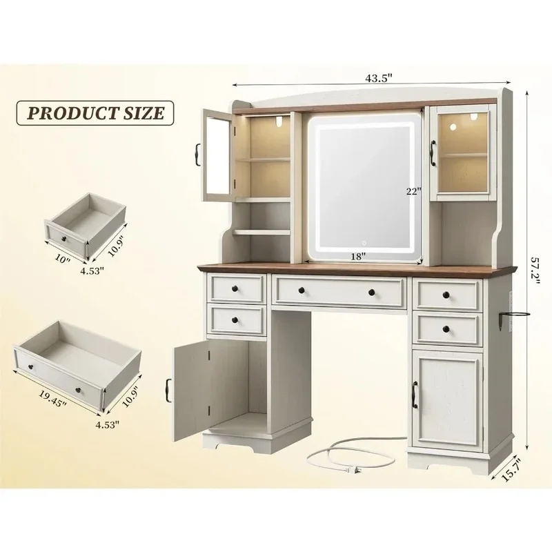 Meja Rias Besar dengan Cermin, Lampu LED, Lemari RGB, Set Meja Rias dengan 5 Laci dan 6 Rak Penyimpanan Meja Rias