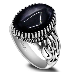 S925 pure silver ring natural black agate gift, retro luxury design handmade holiday gift party men's jewelry