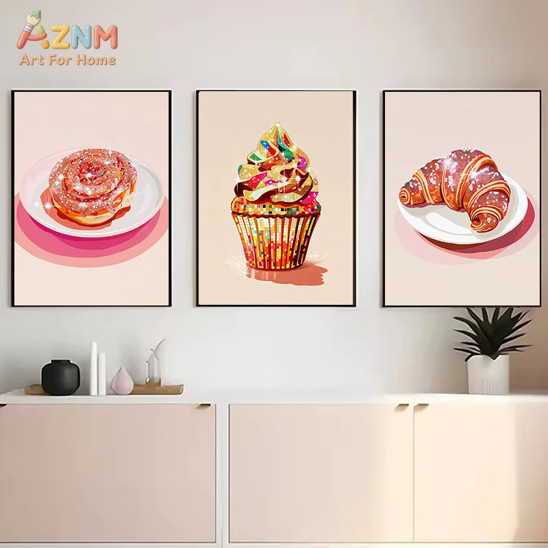 AZNM Glitter Dessert Canvas Print Cupcake Croissant Cinnamon Roll Lollipop Sparkling Wine Pink Cute Kitchen Cafe Wall Poster Unf