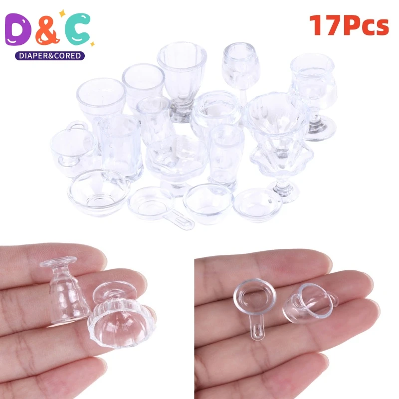 17Pcs/Set 1/12 Dollhouse Miniatures Simulation Tableware Mini Cup Ice Cream Bowl Plastic Model Transparent Goblet Accessories