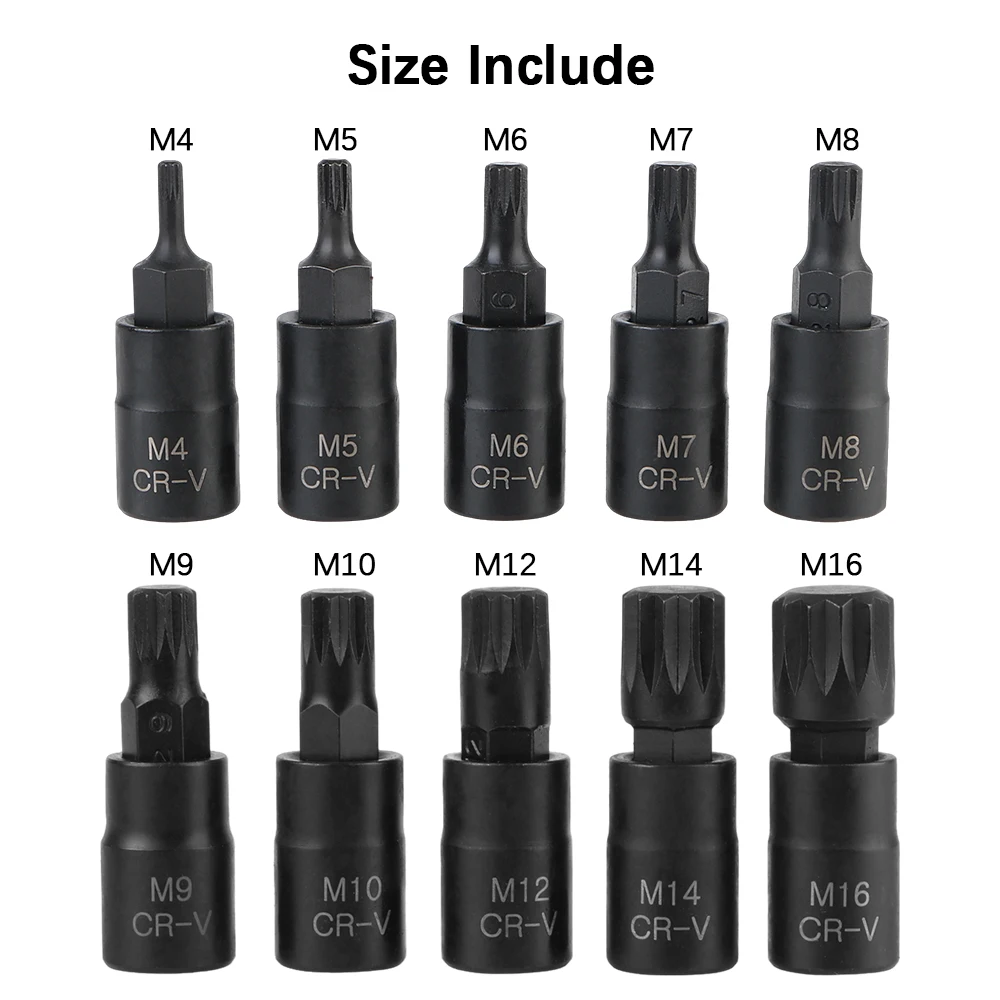 3/8 Inch Drive 12 Point Torx Bit Socket Set Auto Accessories 10pcs M4-M16 for Car Socket Wrench Tool Premium Cr-Mo Steel