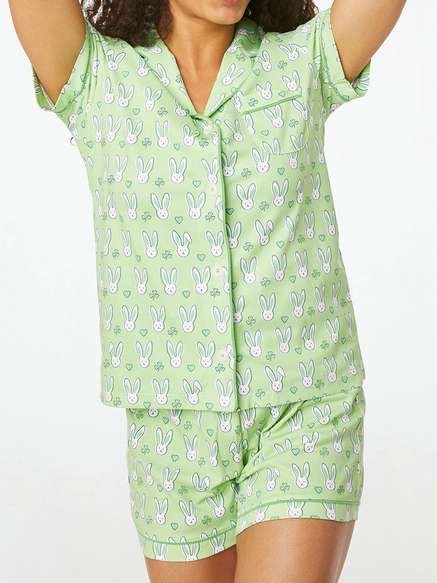 Women Pajama Set, Rabbit Print Short Sleeve Button Closure Shirt with Shorts Sleepwear Loungewear